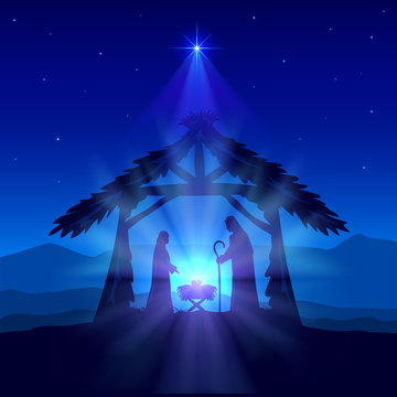 Christian Christmas with Birth of Jesus and Star on Blue Background