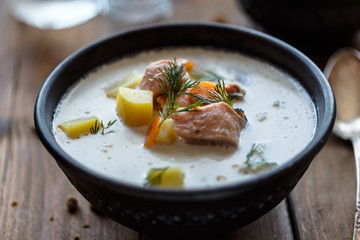 Salmon and cream soup lohikeitto, close view