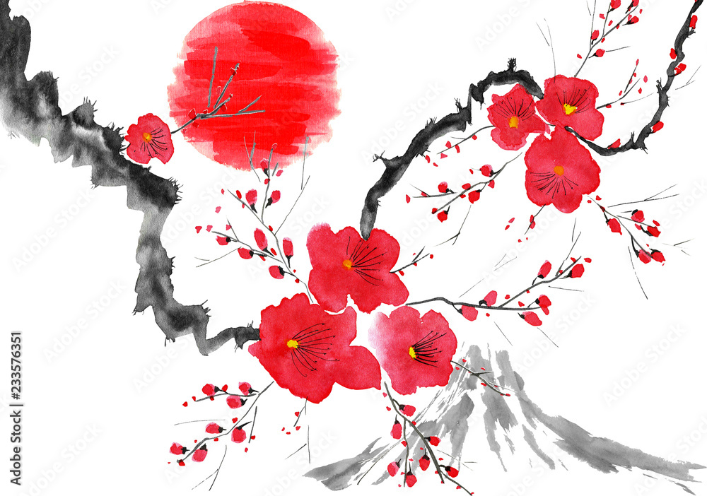 Wall mural oriental traditional sumi-e painting. fuji mountain, blossom sakura, sunset. japan sun. watercolor a