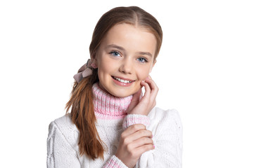 Cute girl in casual clothing posing on white background