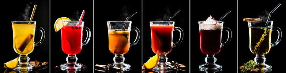 set collection of hot cocktails on a dark background