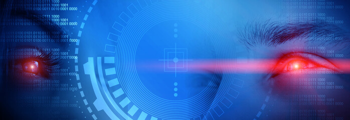 Biometric scanning of a close-up of the female and male eyes. The concept of modern virtual reality