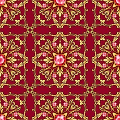 Seamless luxury pattern with gems and golden scrolls