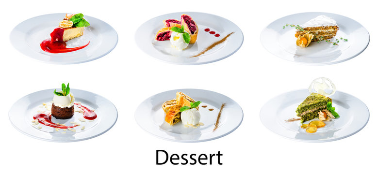 set of desserts are isolated on white cheesecake, strudel, cake