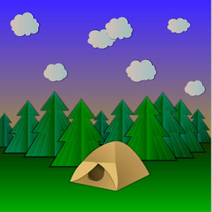 Vector Camp, Paper Art Style Illustration, Sunset Time at the Campsite.