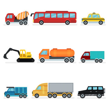 Flat vector set of various urban transport. Motor vehicles for passengers, industrial machinery and service cars