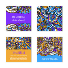 Indian style bright colorful mehendi ornament square cards. Front and back pages. Ornamental blank with ethnic motifs. Paper brochure template. Oriental concept. EPS 10 vector flyer.