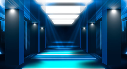 Background of an empty room with walls and concrete floor. Empty room, stairs up, elevator, smoke, smog, neon lights, lanterns