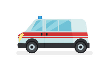 Ambulance car with flasher on roof. Hospital service automobile. Urban transport. Flat vector icon