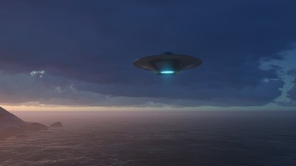 3d render UFO above the ocean
