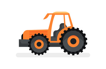 Orange tractor with large wheels. Agricultural vehicle. Farm equipment. Heavy machinery. Flat vector icon