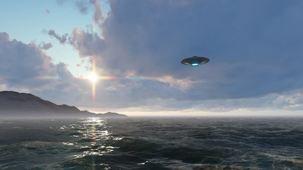 3d render UFO above the ocean
