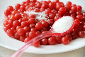 Sour red juicy organic vegetarian viburnum berries with sugar on white porcelain plate with neutral blurred table cloth. Red plastic spoon with sugar. Food ingredient for cooking source or dip