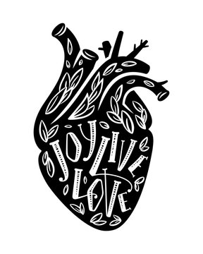Realistic silhouette of human heart with lettering