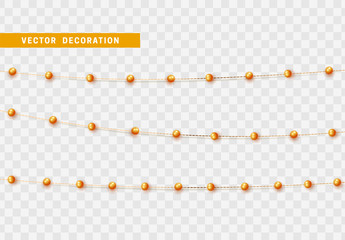 Christmas decorations isolated on transparent background. Golden string garlands with beads realistic set. Gold Xmas decor. Festive design element