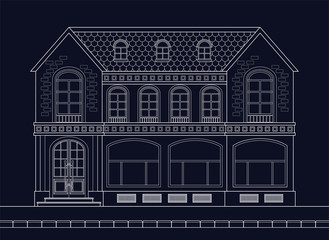 A drawing of an old mansion with shop windows on the ground floor.