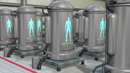 Life support chambers, cryonic tanks containing people. 3d animation - Powered by Adobe