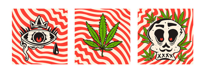 Cannabis leaf, eye and skull. Abstract line stripe vector background. - obrazy, fototapety, plakaty