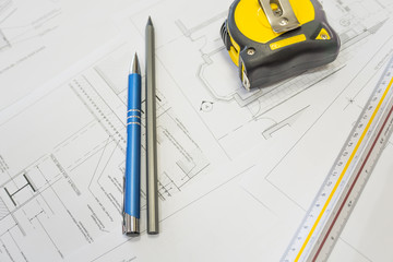 Architect concepts, Construction / building plans with equipment in the office