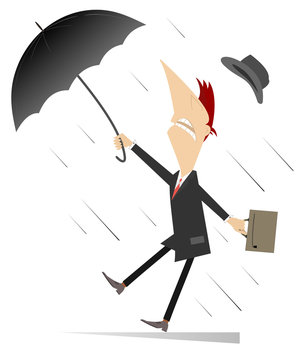 Strong wind, rain and man with umbrella isolated illustration. Whirlwind, rain and man with umbrella lost hat isolated on white illustration
