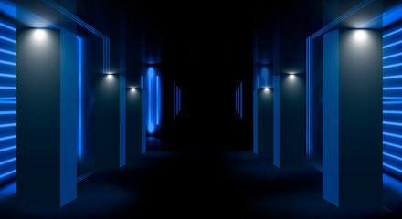 Background of an empty room with walls and concrete floor. Empty room, stairs up, elevator, smoke, smog, neon lights, lanterns