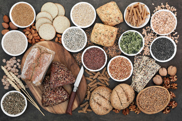 High fibre health food with whole grain bread and rolls, whole wheat pasta, grains, nuts, seeds,...