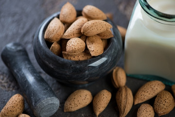 Close-up of a marble pounder with unpeeled almonds and a jar of almond milk, studio shot
