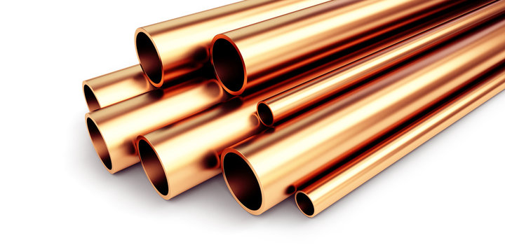 Copper metal pipe on a white background 3D illustration, 3D rendering