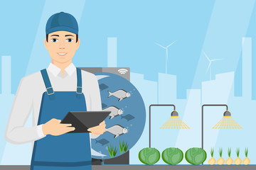 Farmer with digital tablet. Growing plants in the greenhouse with aquaponics system. Vector illustration.