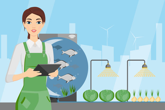 Woman farmer with digital tablet. Growing plants in the greenhouse with aquaponics system. Vector illustration.