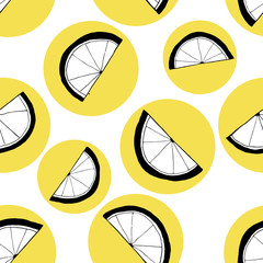 Modèle sans couture avec doodle citrons sur cercles jaunes. L& 39 art peut être utilisé pour des arrière-plans, des affiches, des cartes postales, des bannières.