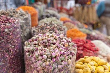 Dried herbs, flowers and spices at the spice souq at Deira in Dubai, UAE