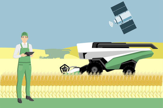 Farmer controls an autonomous combine harvester via satellite. Internet of things in agriculture