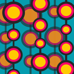 abstract pattern 60&rsquo;s with black, yellow and pink circles on blue background