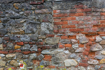 Industrial background, empty grunge urban street with warehouse brick wall