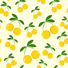 Vector seamless pattern with yellow cherries. Colorful summer backdrop. Berry background. For cover, design banner, wrapping paper, wallpaper, print on clothes for boys and girls.
