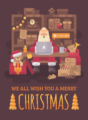 Santa Claus sitting at the desk in his office filled with parcels for children. Santa with a laptop checking emails. Christmas flat illustration greeting card
