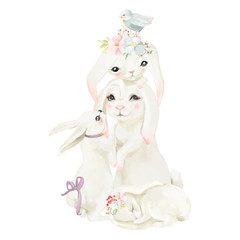 Cute white baby mom (mother, mommy) with baby bunnies, tied bow, floral wreath, flowers bouquet and a little bird
