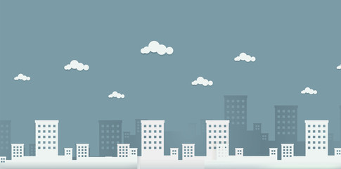 Cityscape with clouds in paper origami style vector illustration.
