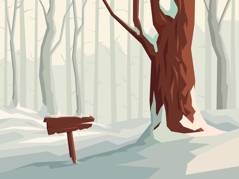 Horizontal illustration of cartoon snowy forest with wooden signpost.