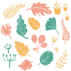 Tropical plants and leaves set