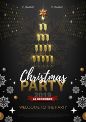 Fototapeta na wymiar Christmas party poster with golden champagne glass. Golden Christmas tree