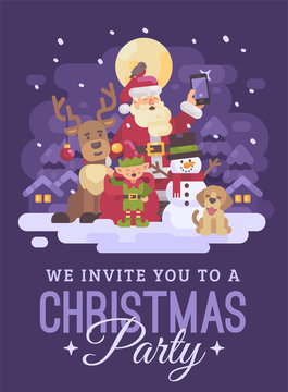 Santa Claus with reindeer, elf, snowman and dog taking a selfie in a snowy night winter village landscape. Christmas invitation card flat illustration