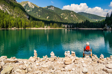 View on the Braies lake in the province of Bolzano Alta Pusteria.Trentino Alto Adige - Italy