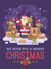 Santa Claus delivery service. Santa with a team of elves and a pile of parcels and presents on a snowy winter night. Christmas characters greeting card flat illustration