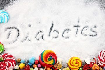 Diet and weight loss, denial of sweet. diabetes text with concept. Sugar description in black....