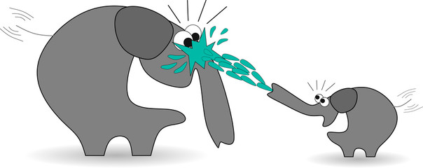 Elefantenkind spritz seinen Vater mit Wasser nass