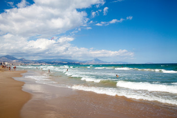 View over the sunny coast line of San Juan, El Campello and Villajoyosa at the Costa Blanca Spain. 