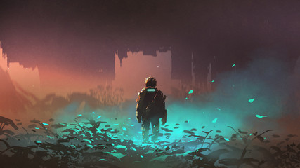 man in futuristic suit standing on glowing plants in the alien planet, digital art style, illustration painting © grandfailure