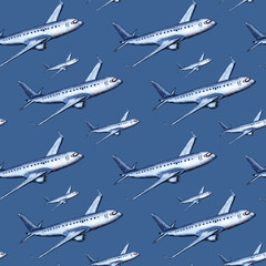 Hand drawn seamless pattern of airplane in flight in color pencils style on a blue background